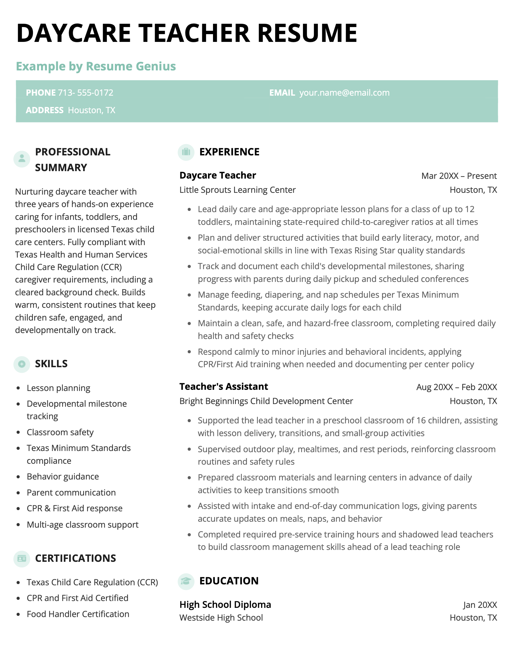 A daycare teacher resume example
