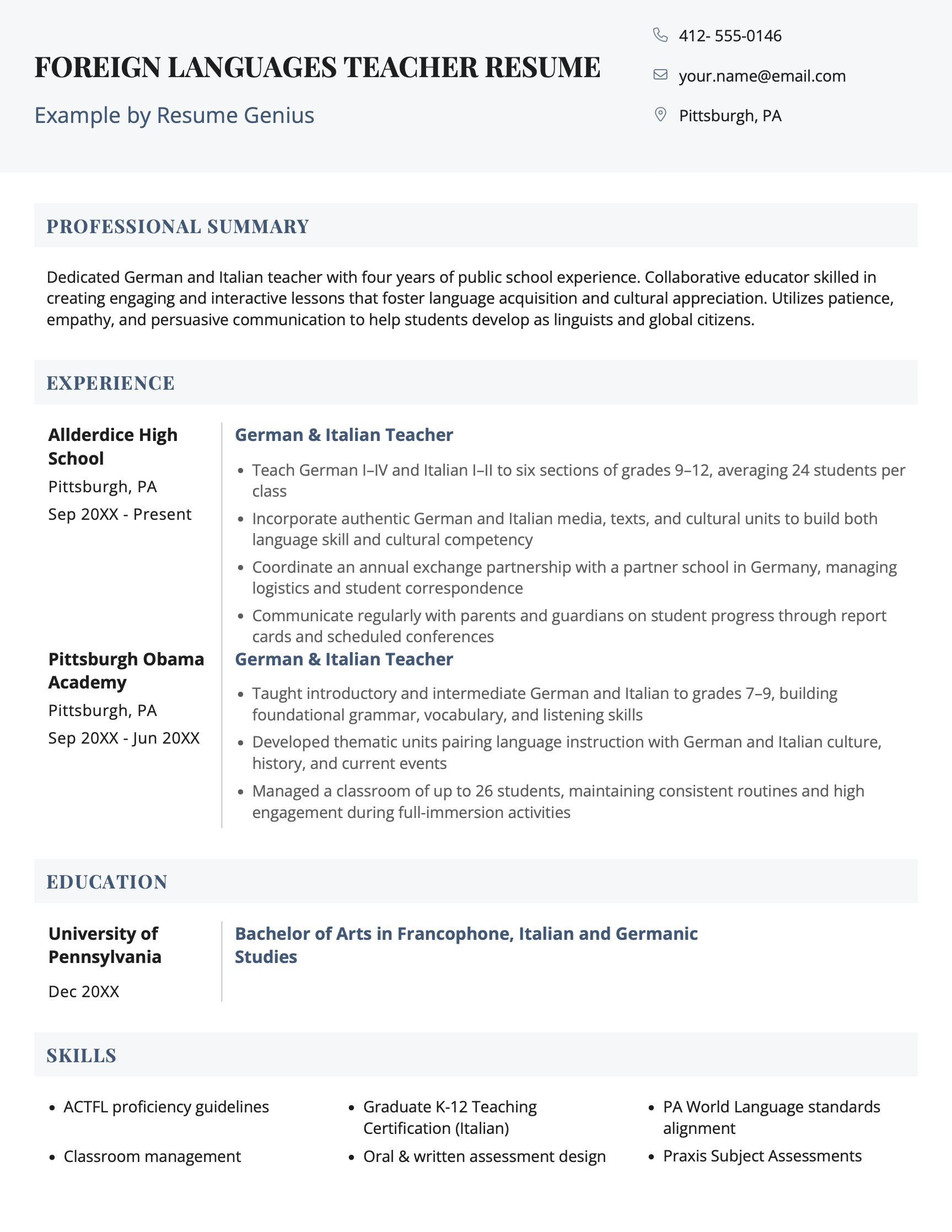 A foreign languages teacher resume example