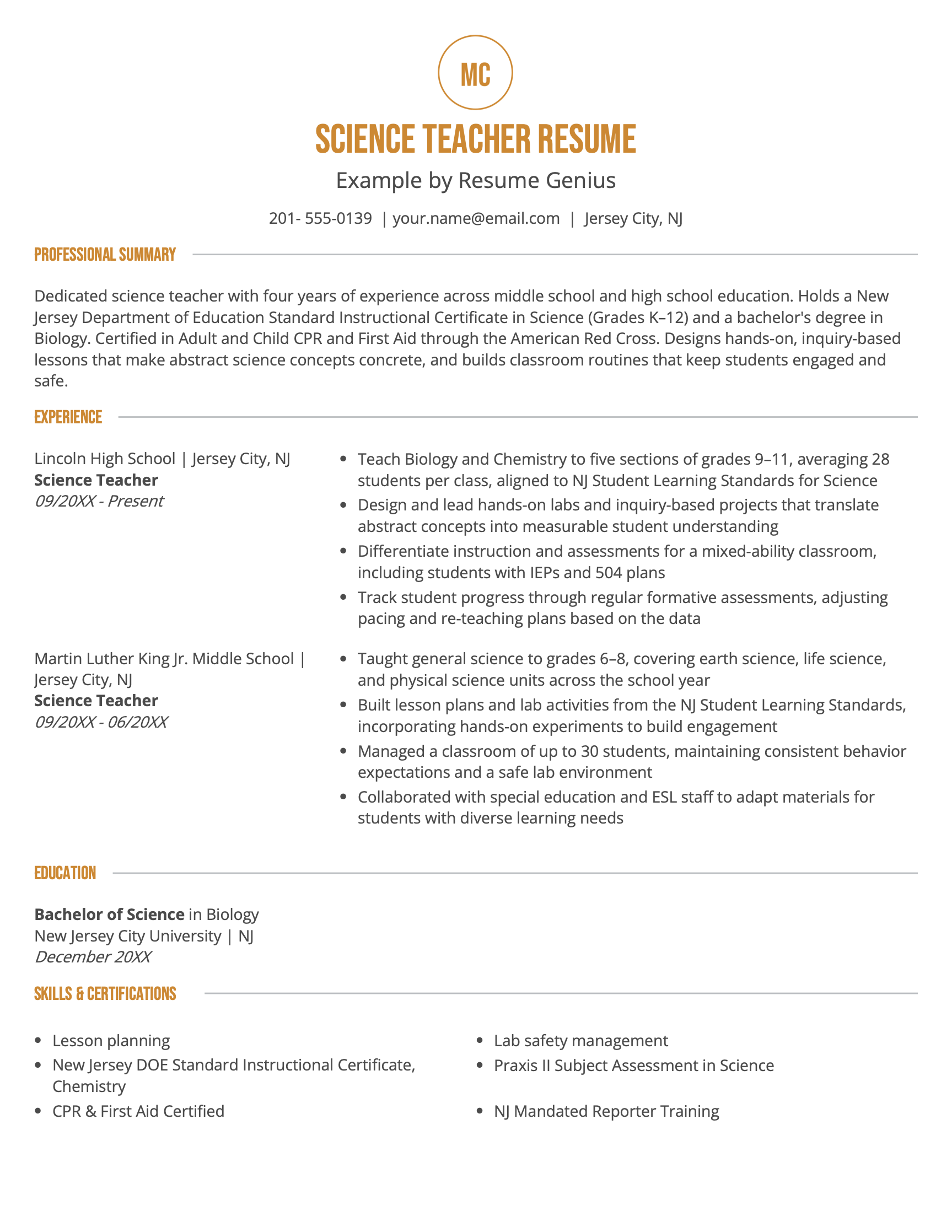 A science teacher resume example