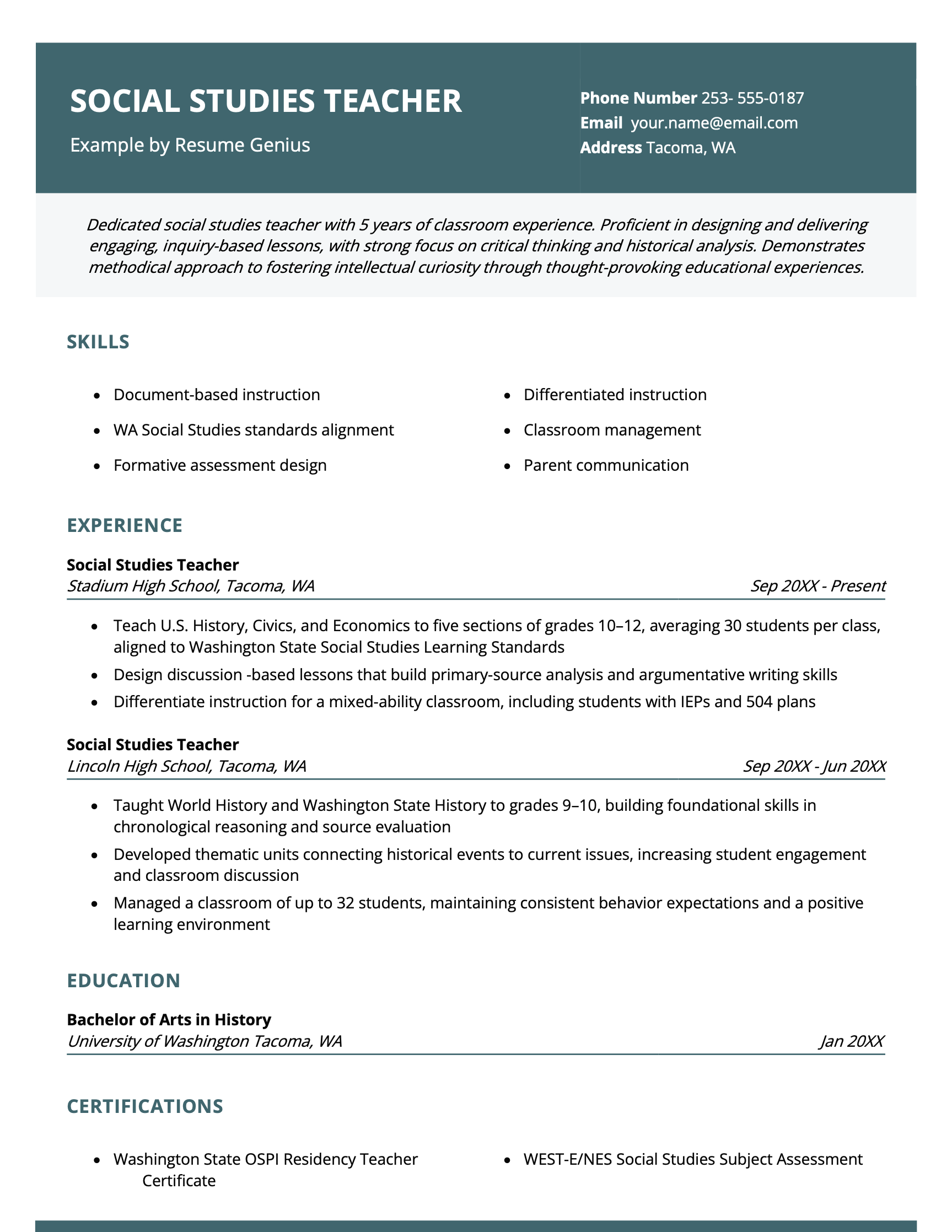 A social studies teacher resume example