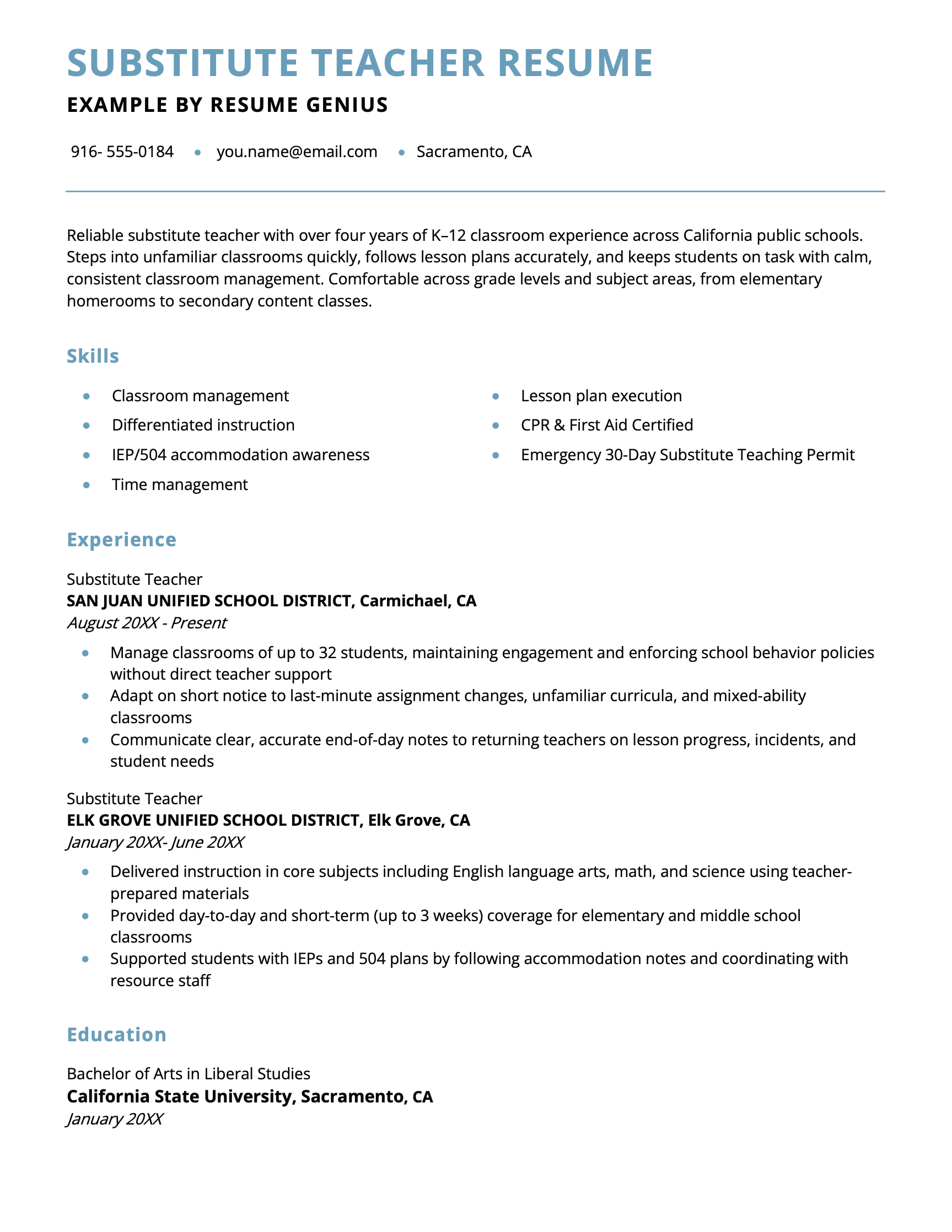 A substitute teacher resume example