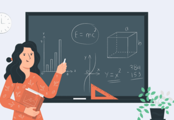 A teacher displaying her teaching resume skills by standing in front of a blackboard and teaching math concepts with a plant beside her