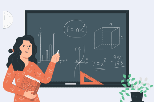 A teacher displaying her teaching resume skills by standing in front of a blackboard and teaching math concepts with a plant beside her