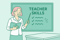 A teacher displaying her teaching resume skills by standing in front of a blackboard and teaching math concepts with a plant beside her