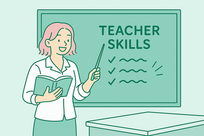 A teacher displaying her teaching resume skills by standing in front of a blackboard and teaching math concepts with a plant beside her