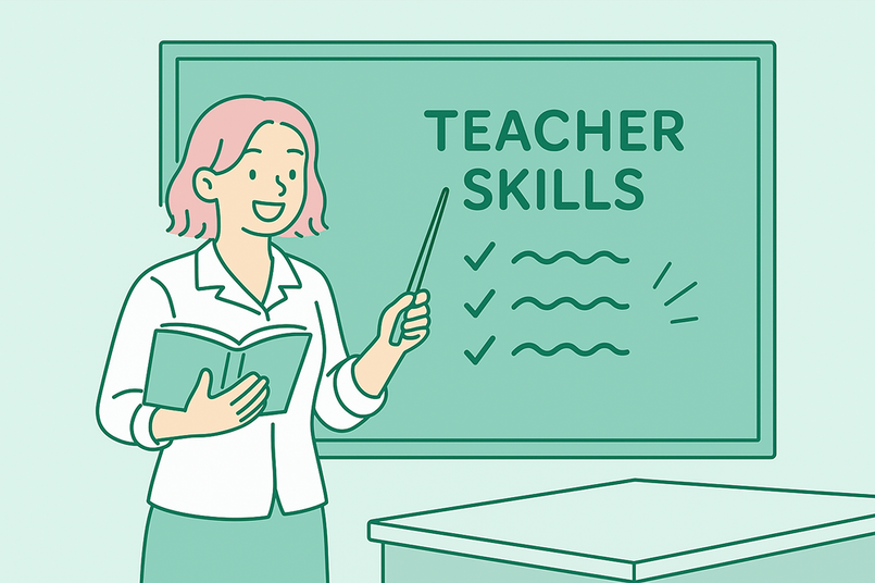 A teacher displaying her teaching resume skills by standing in front of a blackboard and teaching math concepts with a plant beside her