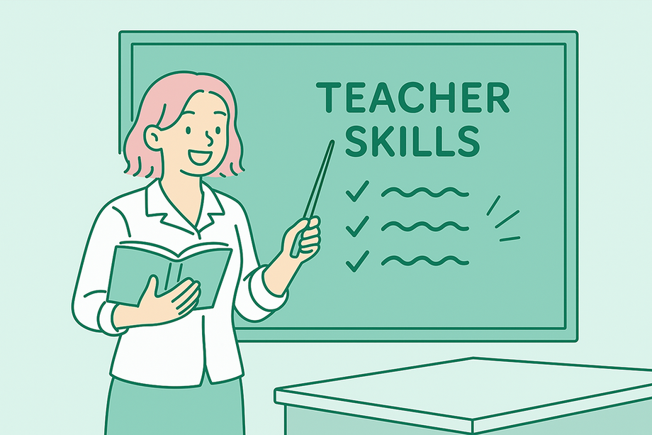 A teacher displaying her teaching resume skills by standing in front of a blackboard and teaching math concepts with a plant beside her
