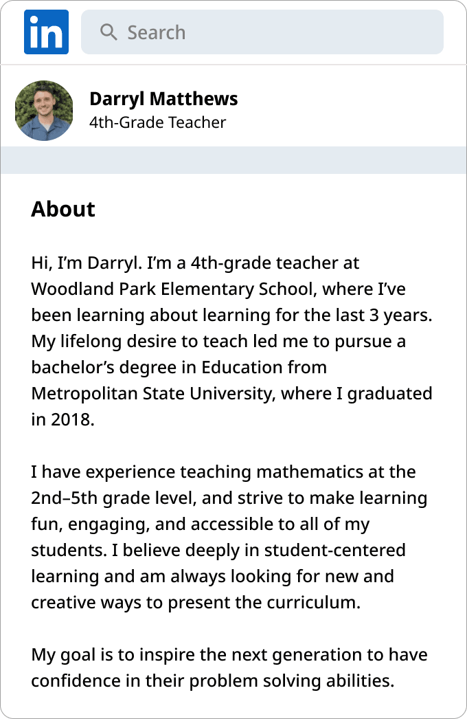 Example of a professional short bio for a teacher.