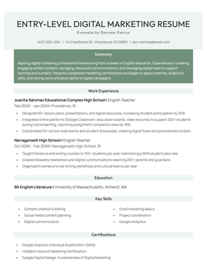 An entry-level digital marketing resume example.