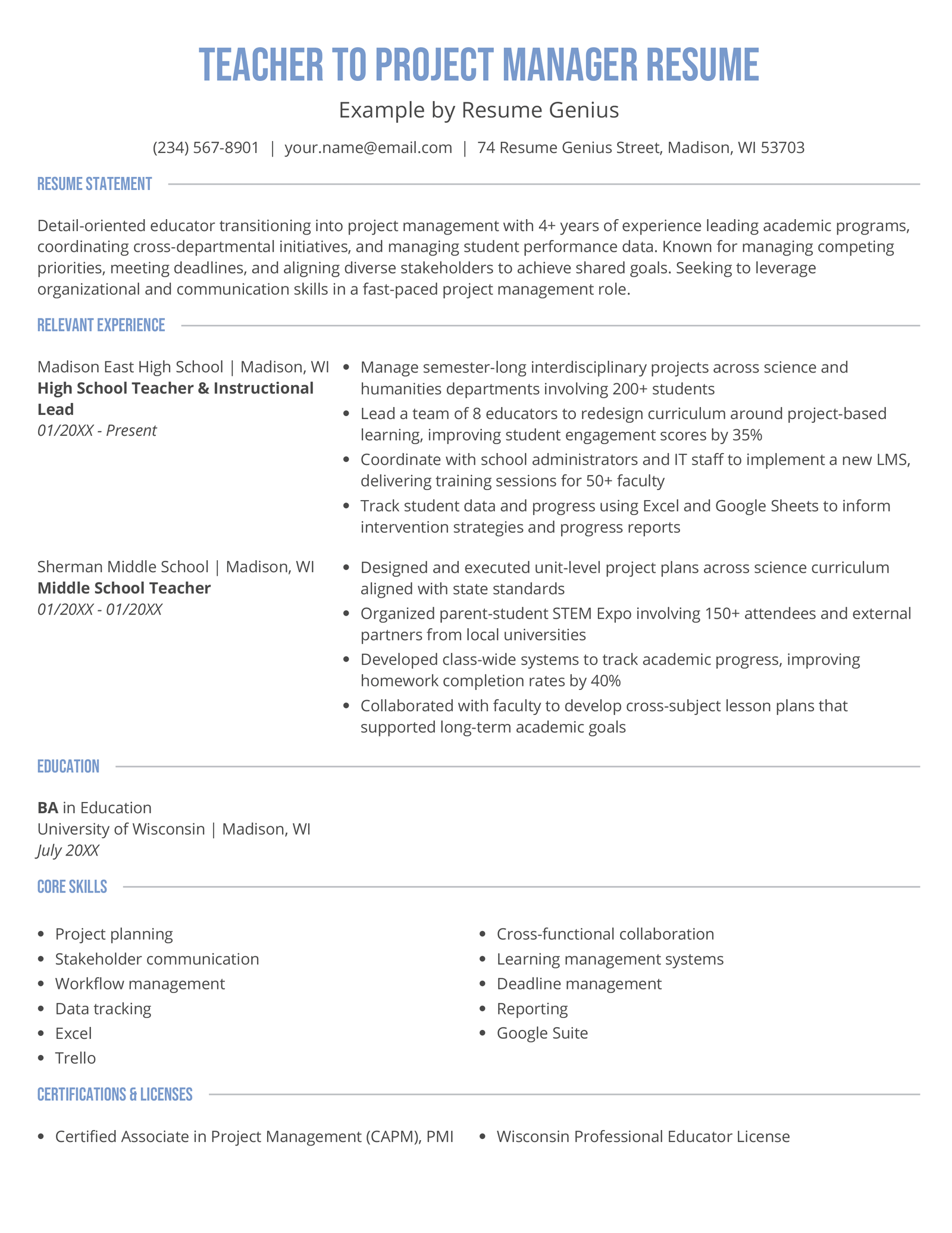 A teacher to project manager resume example.