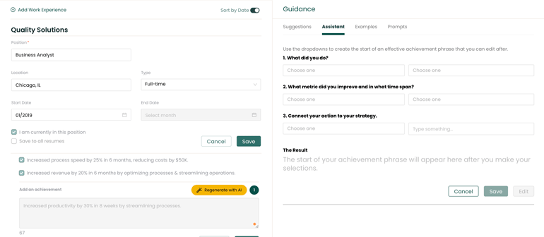 A screenshot of Teal's AI resume builder, which features an assistant tool and an AI writer.