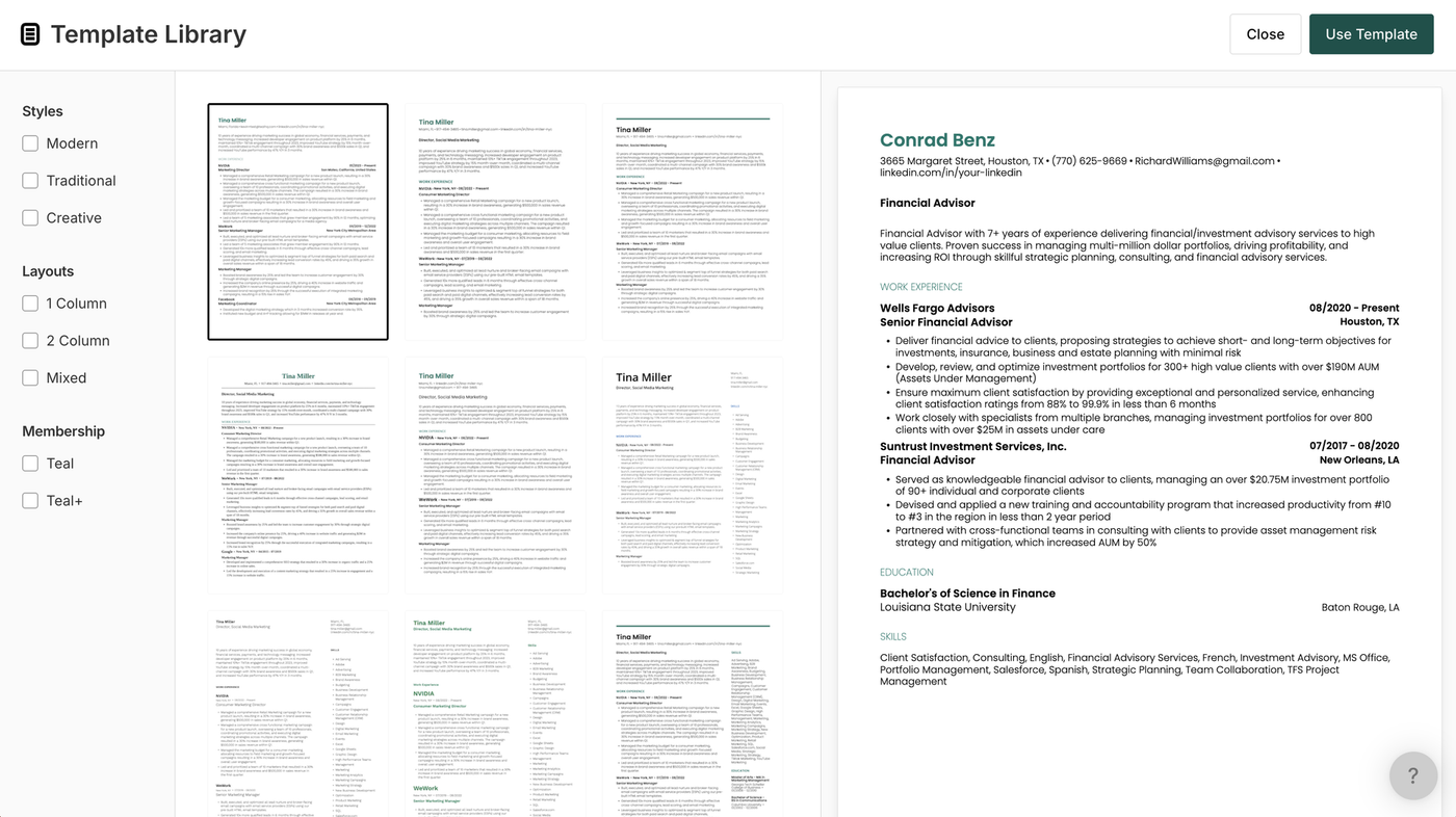 Preview of the Teal AI resume builder template selection screen