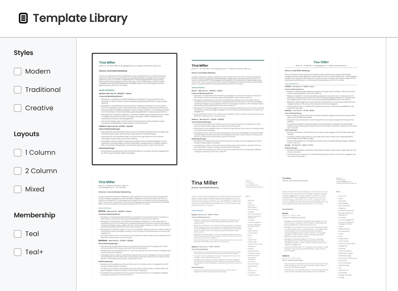 Some examples of templates offered in Teal’s resume builder.