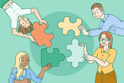 Illustration of team members demonstrating teamwork skills.