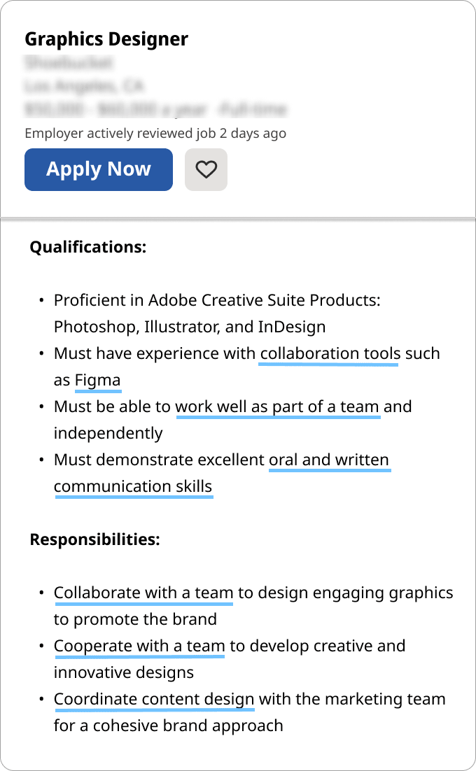 Example of teamwork skills listed in a job ad.