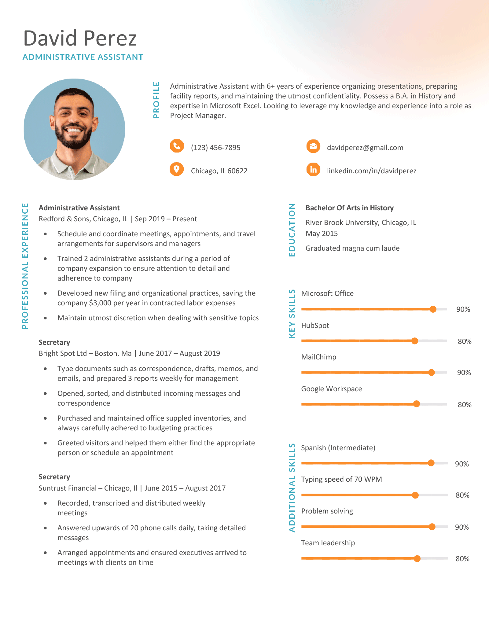 Image of a modern resume that uses blue and orange as the resume colors.