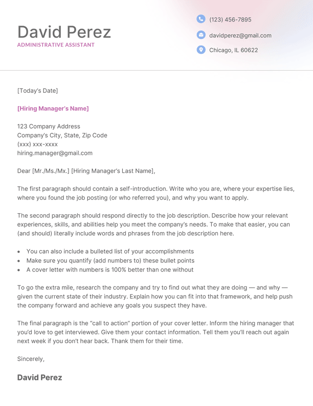 An example of a colorful tech cover letter template
