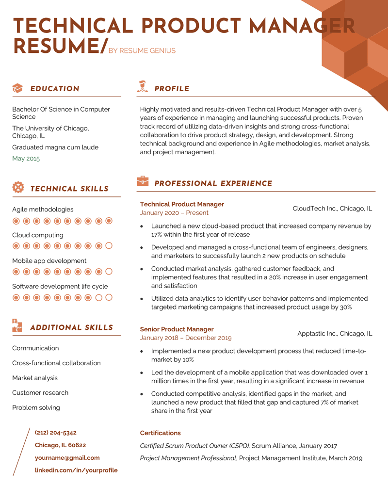 Sample image of a technical product manager resume that uses the creative Current resume template in brown.