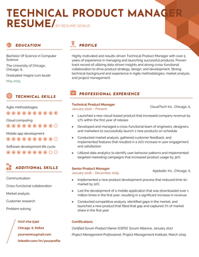 Sample image of a technical product manager resume that uses the creative Current resume template in brown.