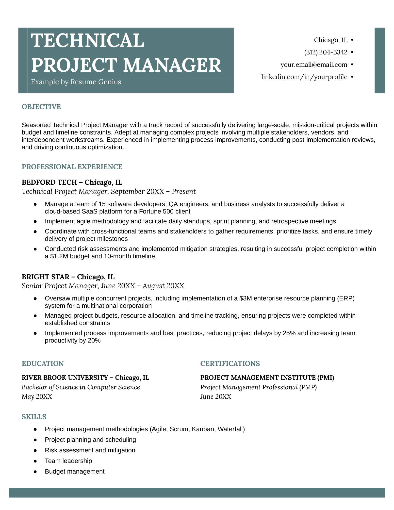An example resume for a technical project manager.
