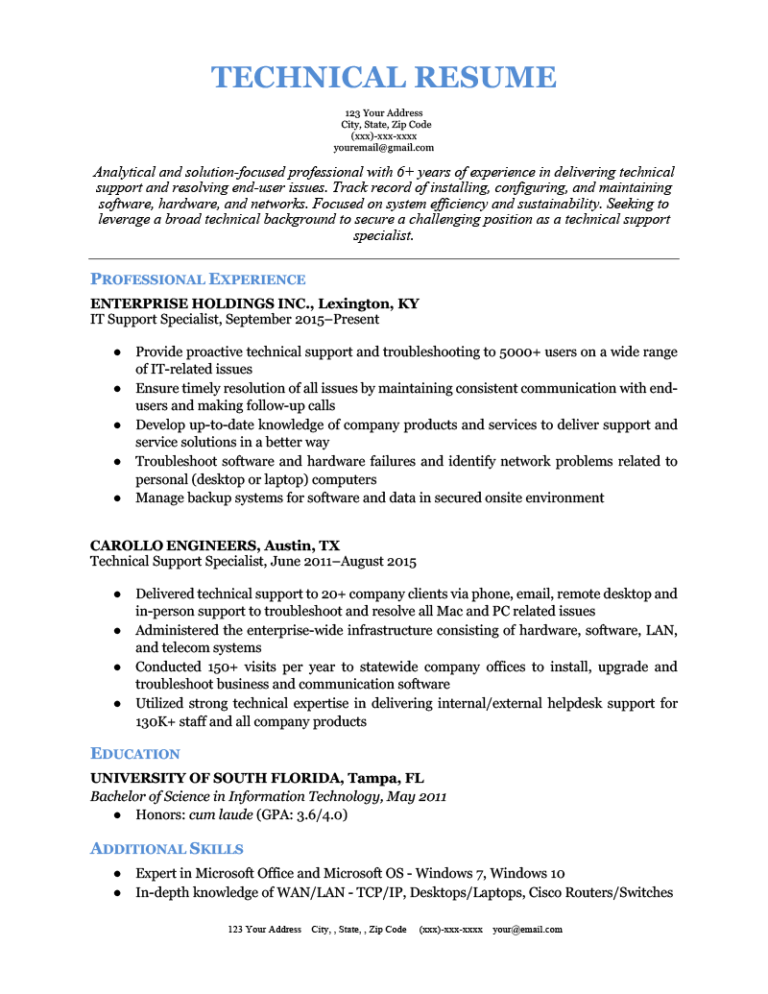 technical support role resume