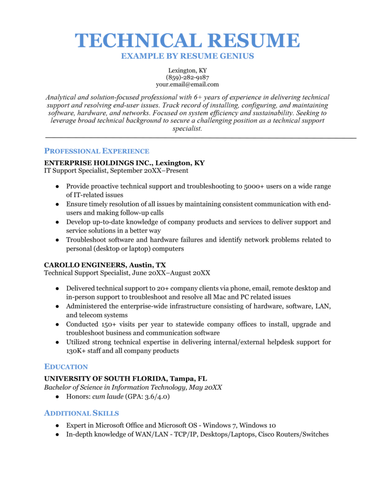 simple resume format for technical