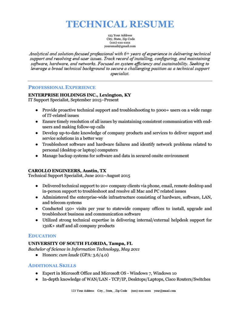 it technical support resume summary