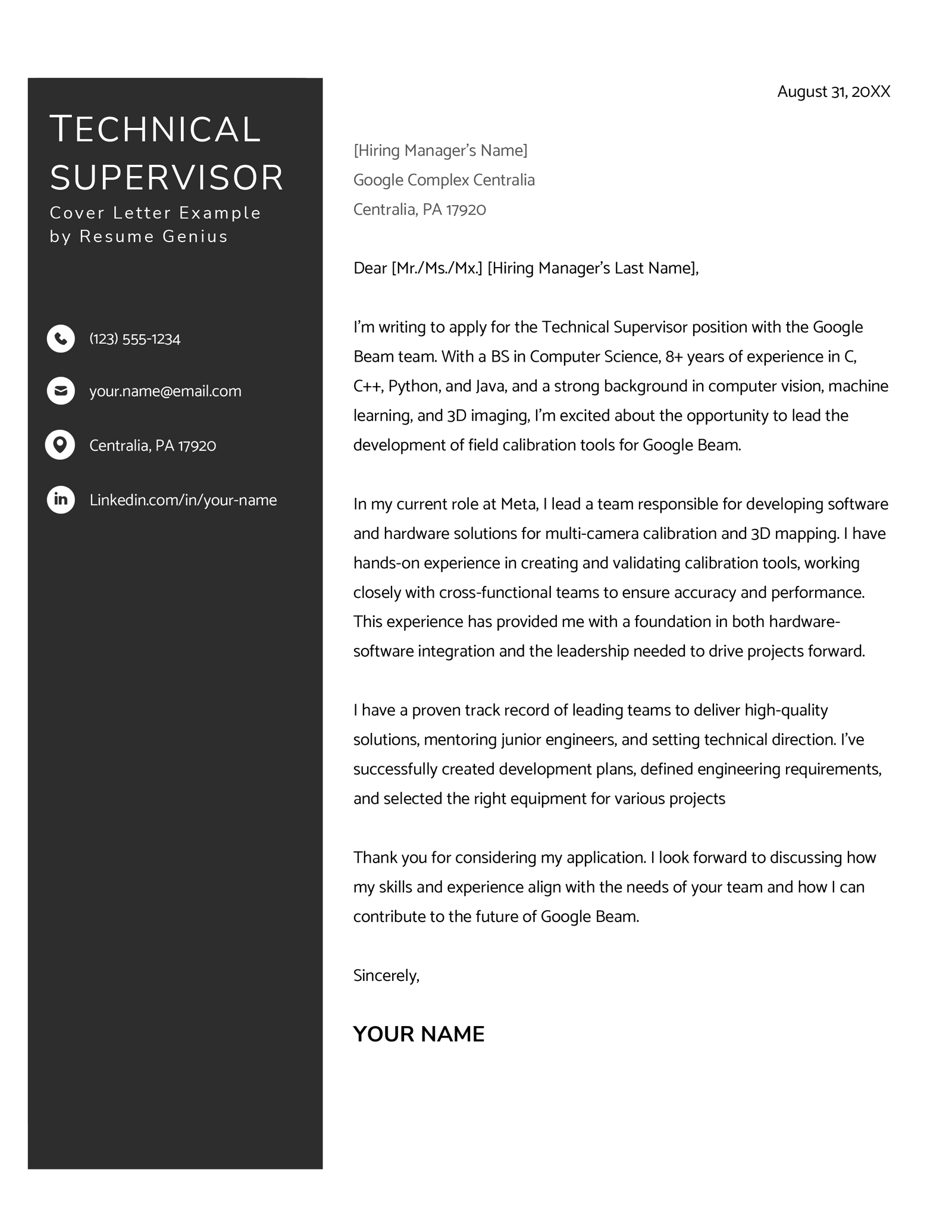 A technical supervisor cover letter example.