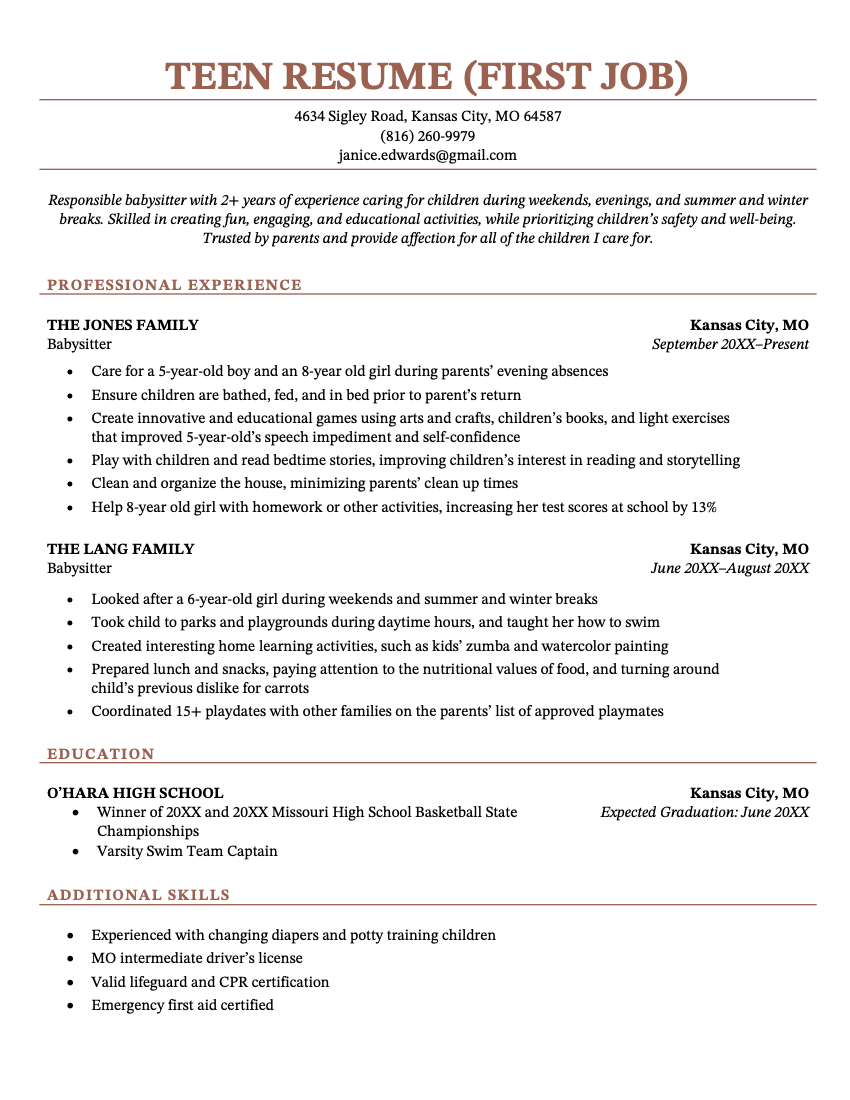 A resume sample for a teenager seeking their first job