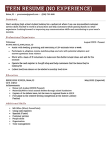 A red and white teen resume with no work experience, but with volunteer experience listed in the experience section.