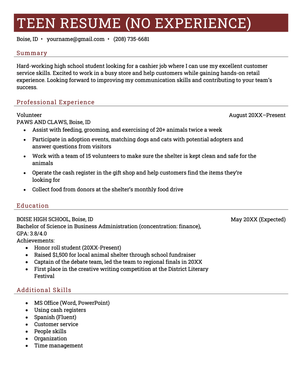 A red and white teen resume with no work experience, but with volunteer experience listed in the experience section.