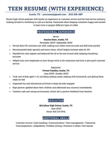 A blue and white teen resume with server and babysitter experience.