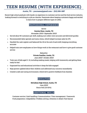 A blue and white teen resume with server and babysitter experience.