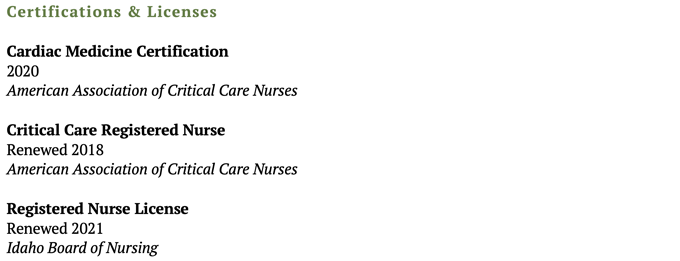 An example of a telemetry nurse resume certifications section for an experienced telemetry nurse