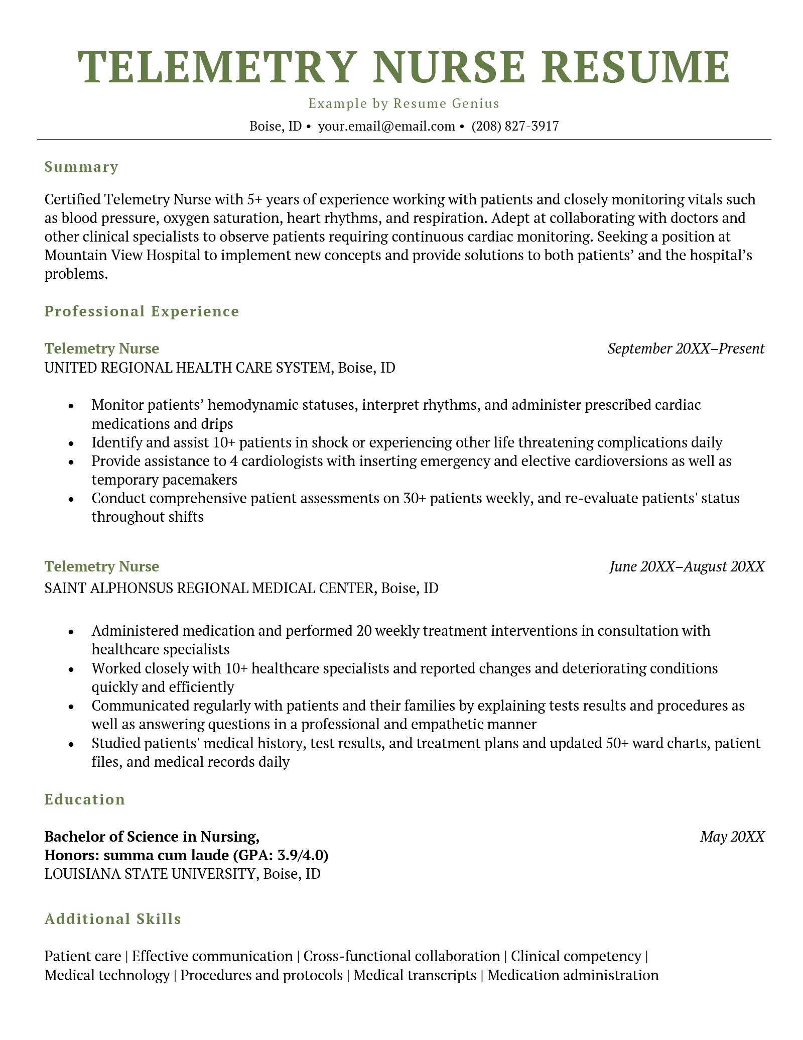 An example of a simple and professional telemetry nurse resume with a horizontal header and green font