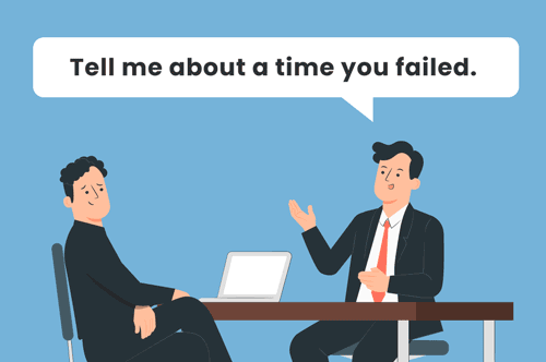 Graphic showing two men at an interview, with one using the prompt "tell me about a time you failed."