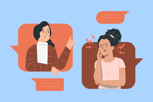 Graphic depicting two women at an interview, with one of them struggling to know how to answer "tell me about a time you had a conflict at work."