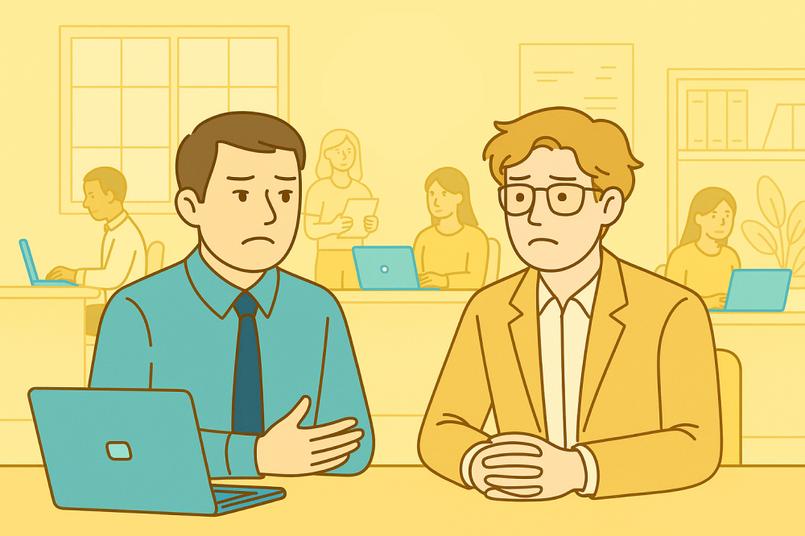 a manager and an employee having an uncomfortable conversation