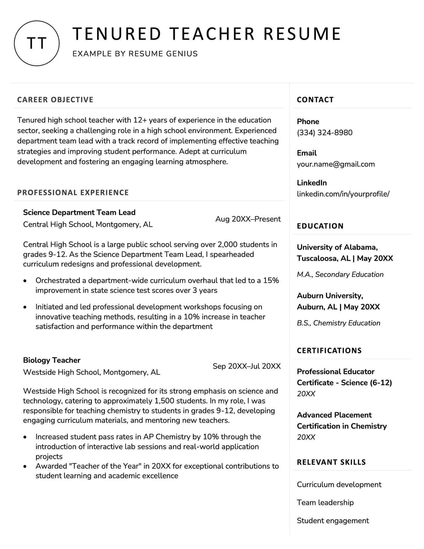 A tenured teacher resume example with a logo featuring the applicant