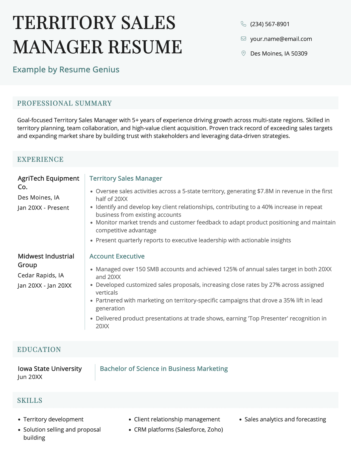 A territory sales manager resume example.