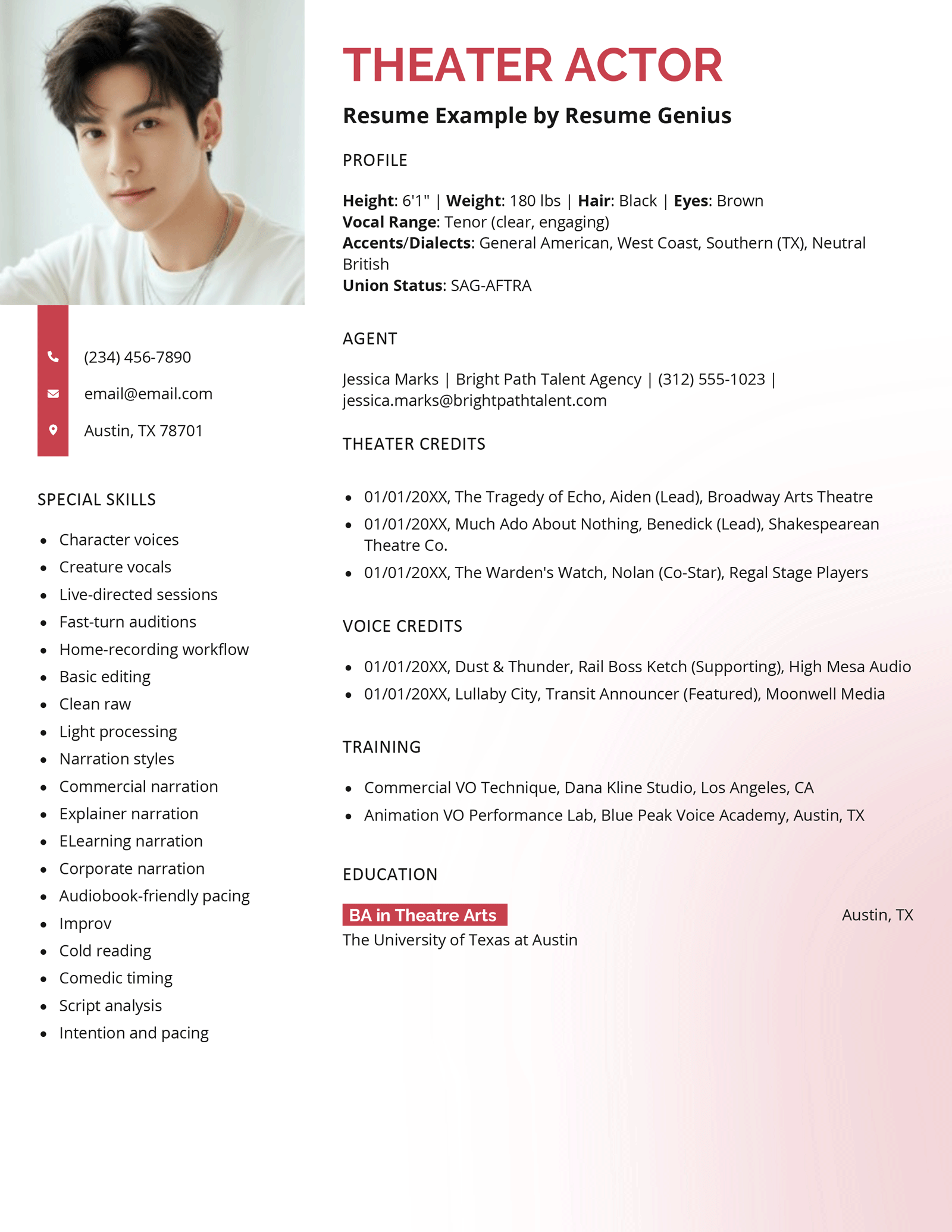 A theater actor resume example.