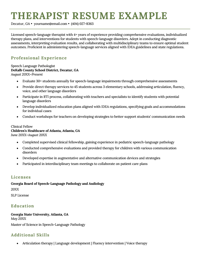 A therapist resume example using a simple, green template.