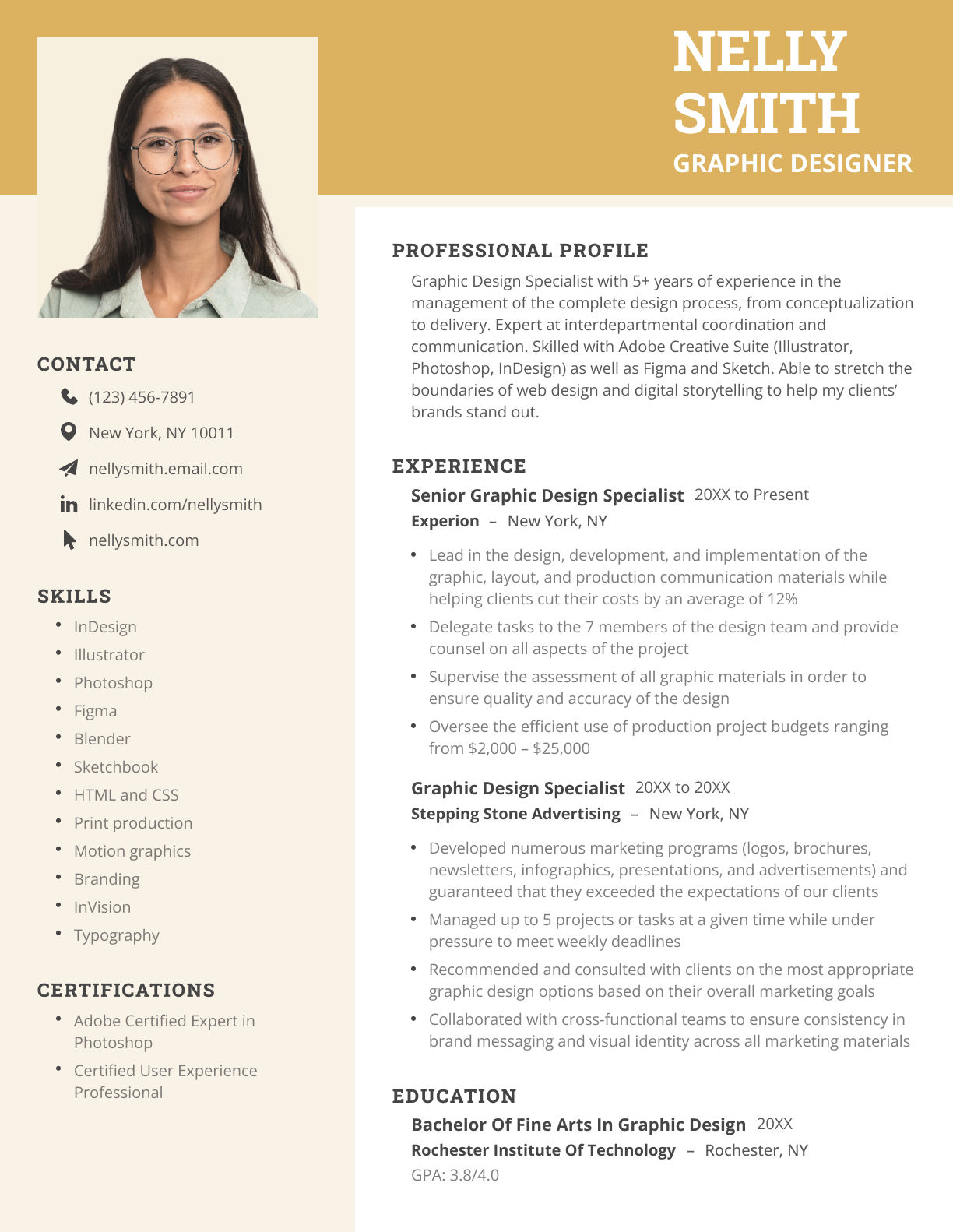 Timeless CV template in yellow