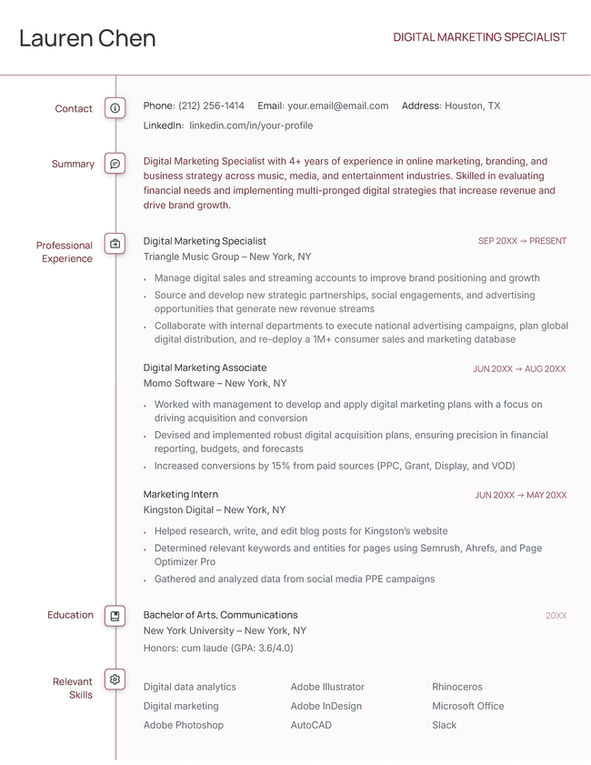 The Timeline chronological resume template in burgundy.