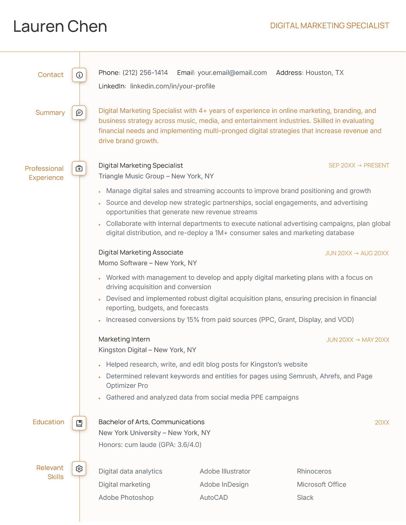 The Timeline chronological resume template in orange.