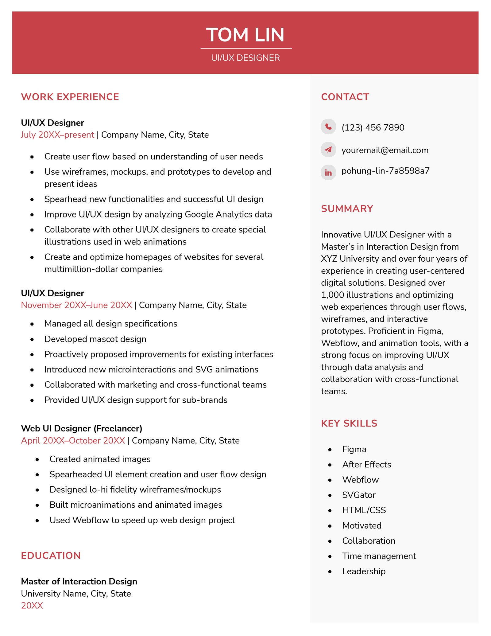 A UX designer resume example written by Tom Lin, UX designer at Resume Genius.