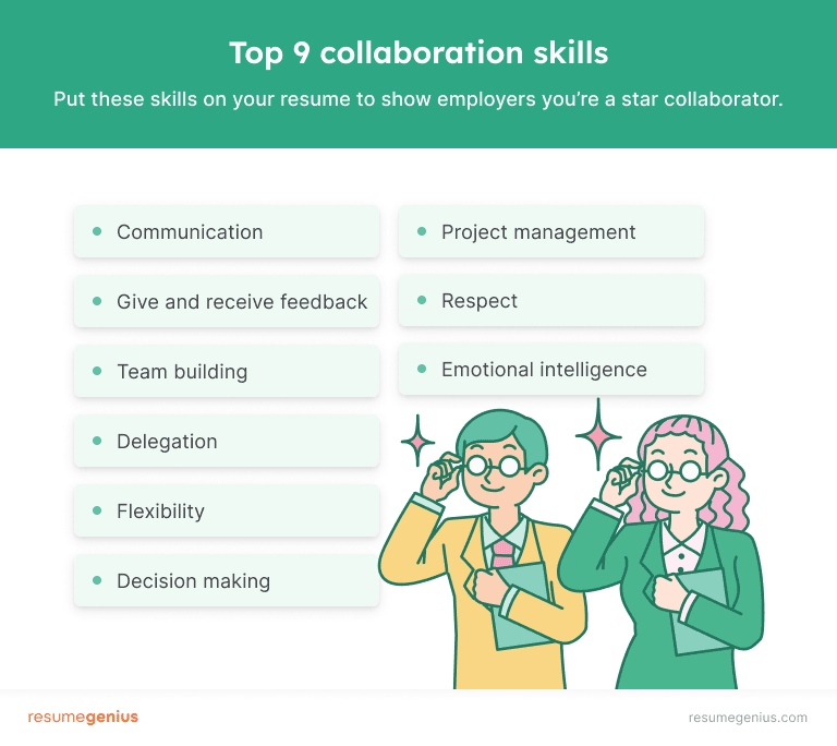 Graphic that features a list of the top nine collaboration skills with illustrated employers looking at the list with stars in their eyes. 
