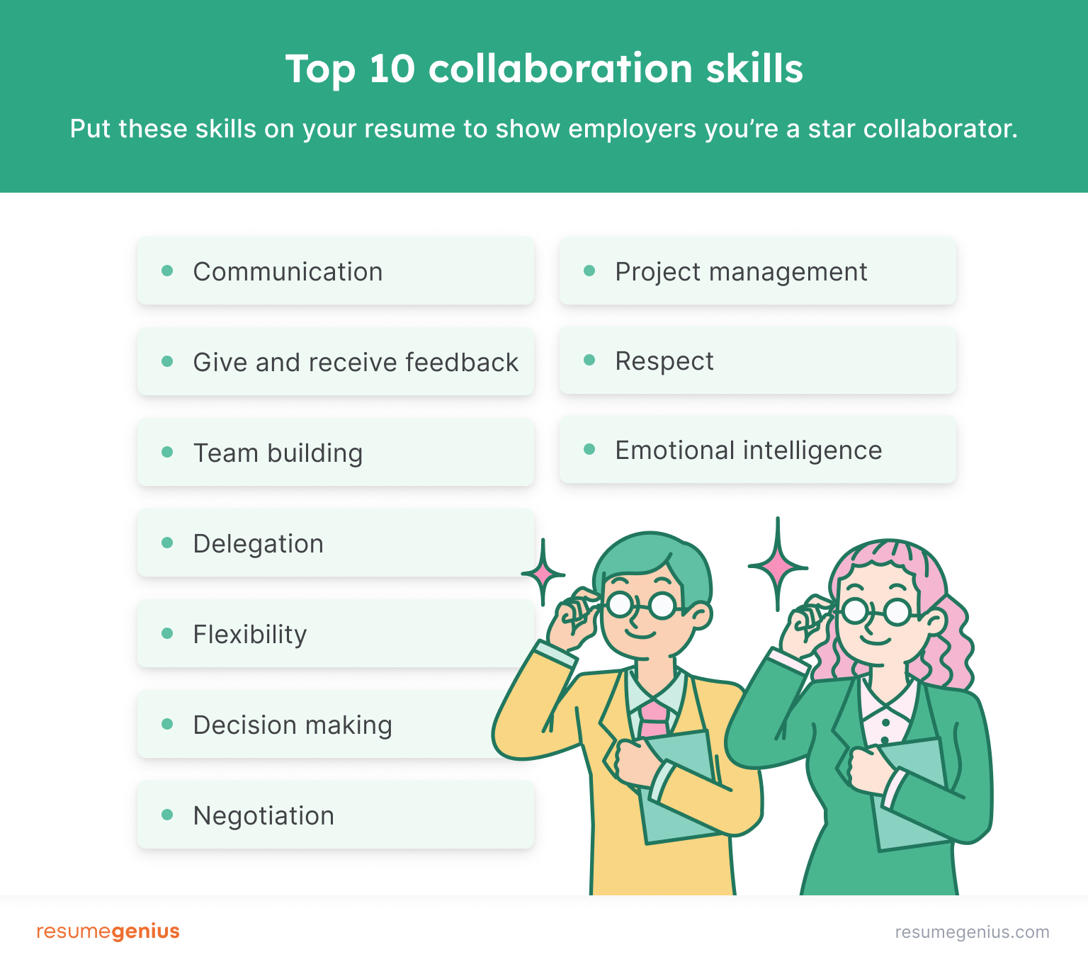 Graphic that features a list of the top nine collaboration skills with illustrated employers looking at the list with stars in their eyes. 