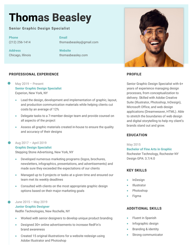The "Top" photo resume template in cyan
