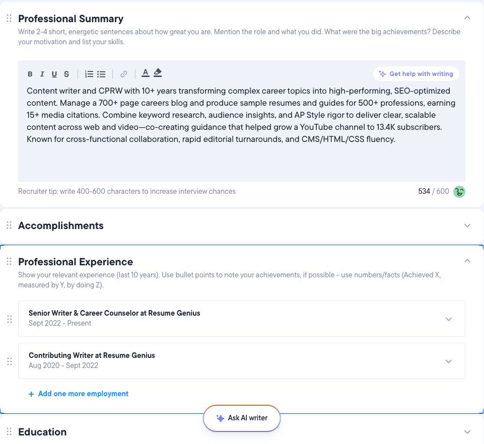 A screenshot of the TopResume builder interface.